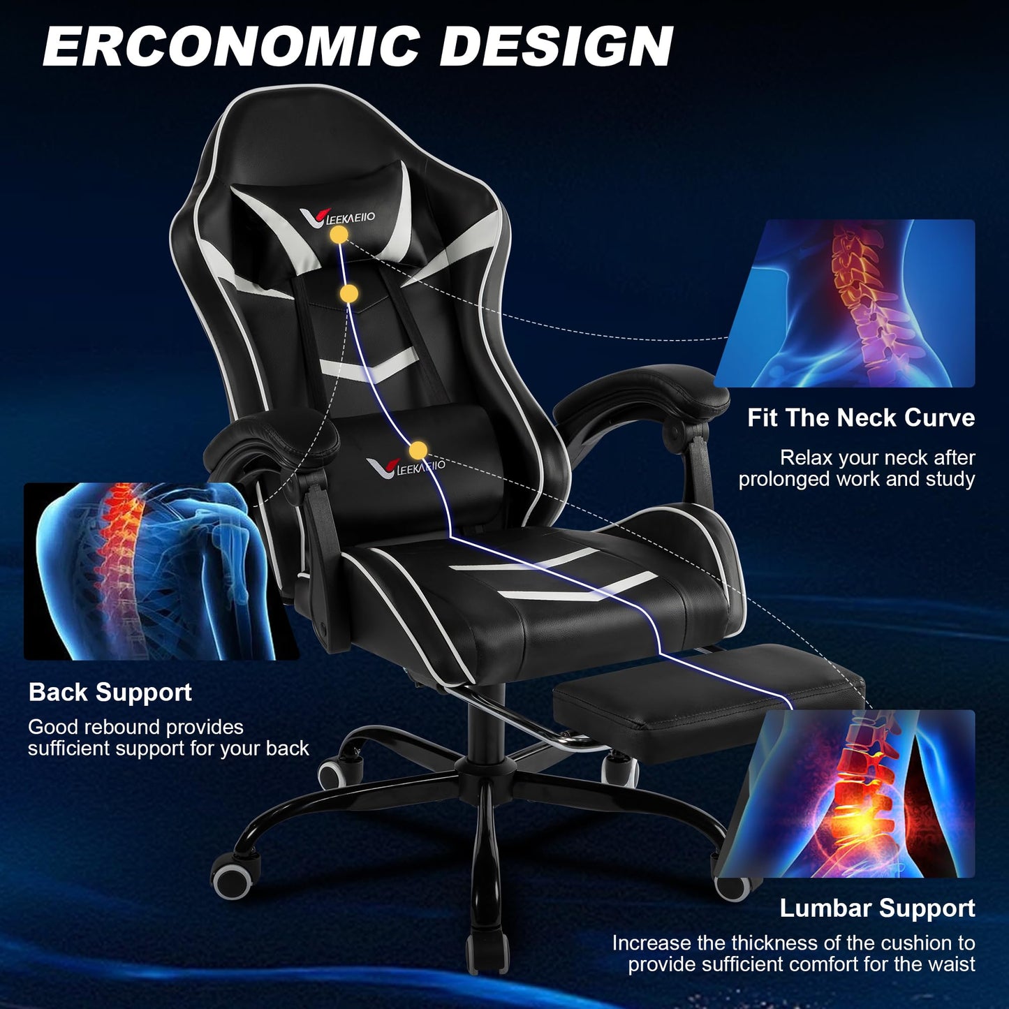 Gaming Chair for Adults, Ergonomic Gamer Chair with Footrest, Spring Pocket Cushion, Computer Office Desk Gaming Chair with Enlarged Metal Base, Linkage Armrests, Lumbar & Headrest (Black & White)