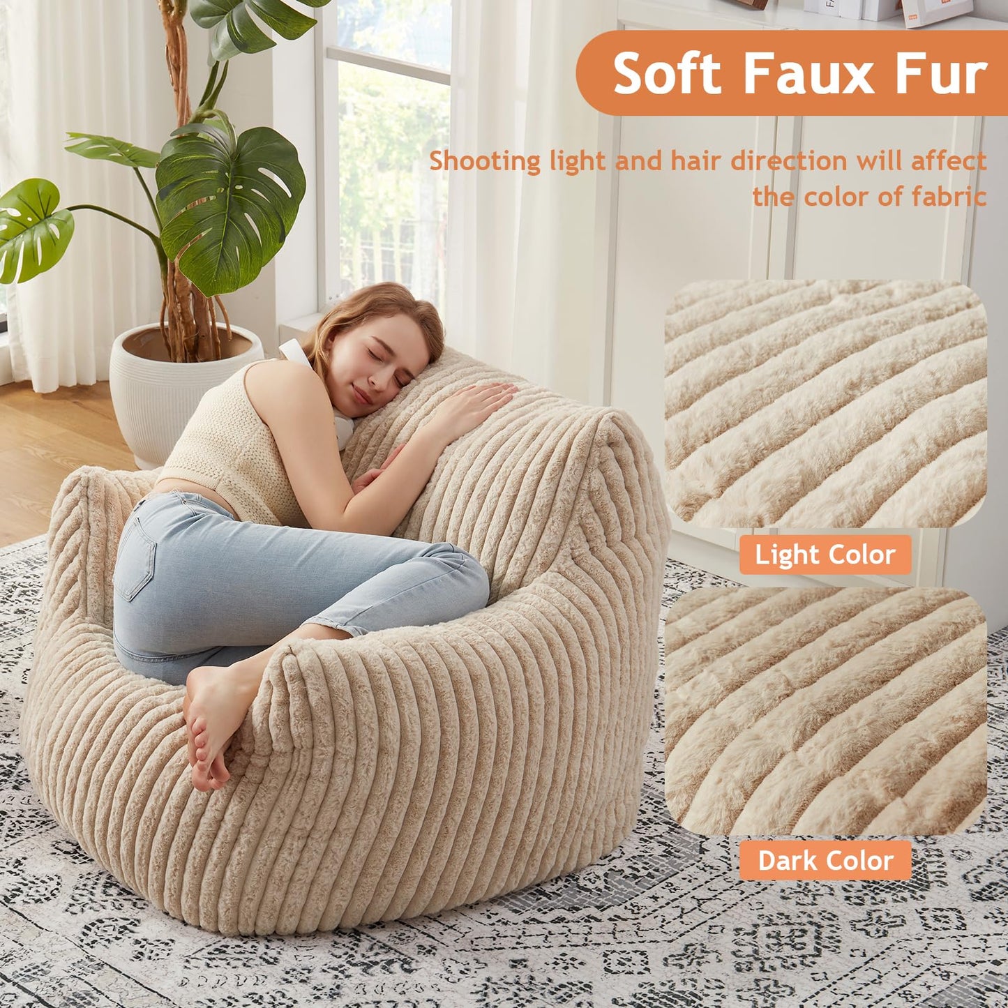 Giant Bean Bag Chairs for Adults with Filling Plush Fluffy Bean Bag Chairs for Teens with Armrests Comfy BeanBag Lazy Couch Sofa Chair for Bedroom Living Room Reading