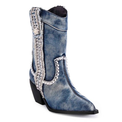 driceic Women's Blue Denim Rhinestones Mid Calf Boots Almond Pointed Chunky Block Heel Cowgirl Cowboy Boots Sparkly wide calf Western Jean Boots 6