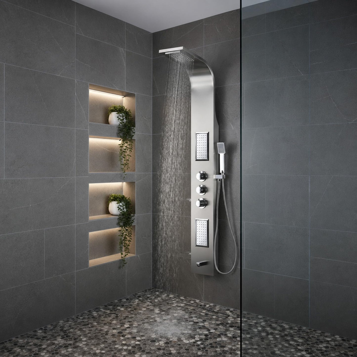 ANZZI Shower Panel Tower, Field 58 inch Long Turbo High Pressure Shower Head and Detachable Handheld Spray Rainfall Shower Panel in Brushed Steel, Rain Shower 1.8 gpm 2 Body Jets Combo (SP-AZ042)
