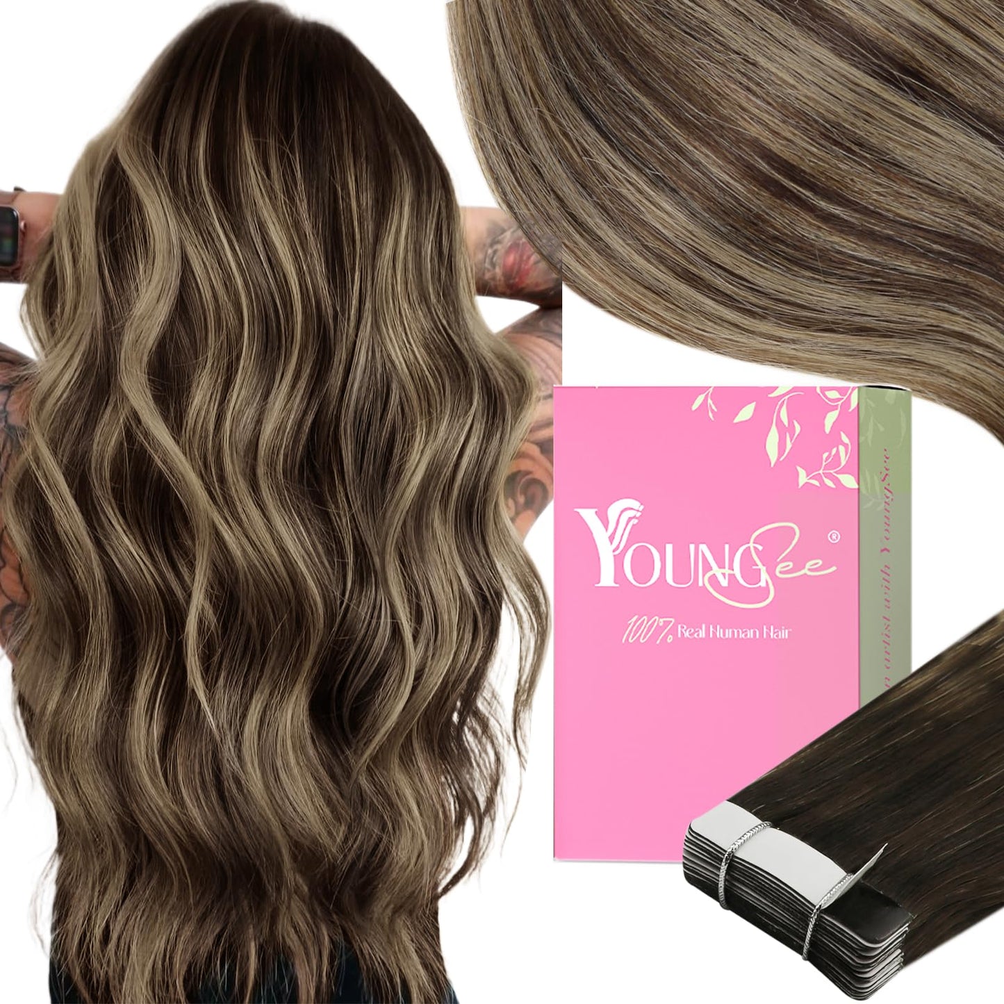 YoungSee Invisible Tape in Hair Extensions Brown Balayage Tape in Extensions Ombre Dark Brown to Blonde with Dark Brown Tape on