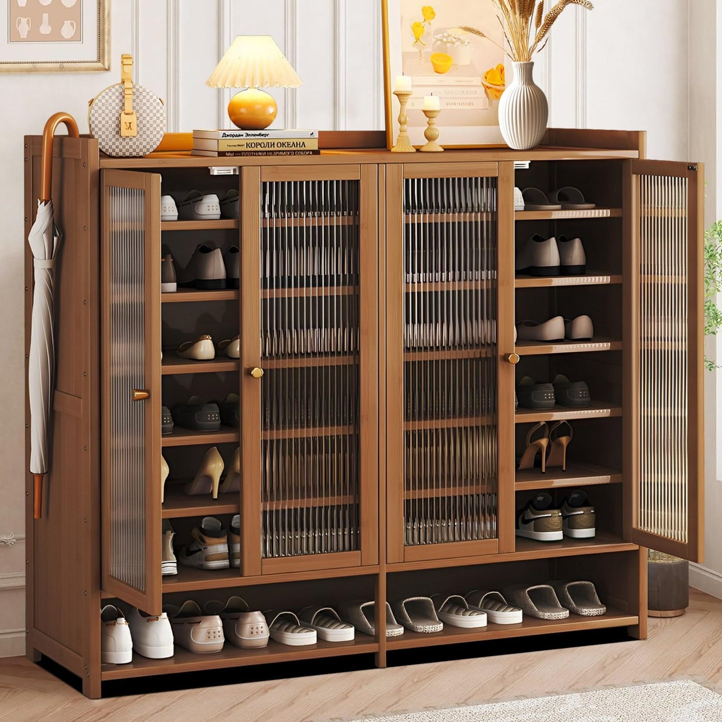 Bamboo Shoe Cabinet, 8-Tier Shoe Storage Cabinet with Doors, Freestanding Bamboo Shoe Rack Organizer with Shelves for Entryway, Hallway, Closet, Living Room (Brown-5)