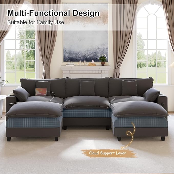 KCGKCG 116" Modular Sectional Sofa, U Shaped Cloud Couch with Movable Ottoman, Chenille Deep Seat Cloud Sofa with Charging Station, Cup Holder, Side Pocket, Sectional Couches for Living Room, Grey