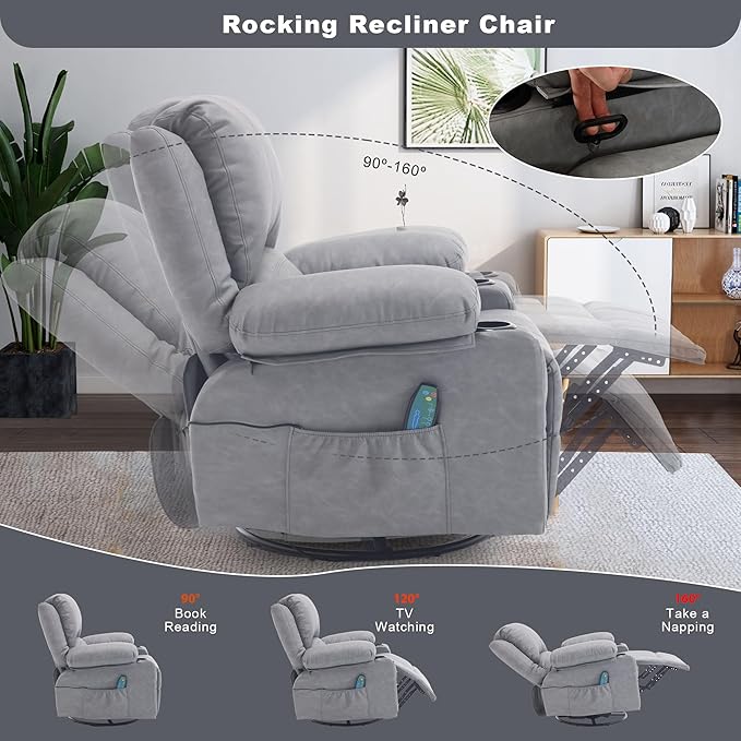 Comermax Massage Recliner Chair with Heat, 360° Swivel Rocker Recliner Chair with Cup Holders, 150° Recline PU Leather Recliner for Living Room,Grey