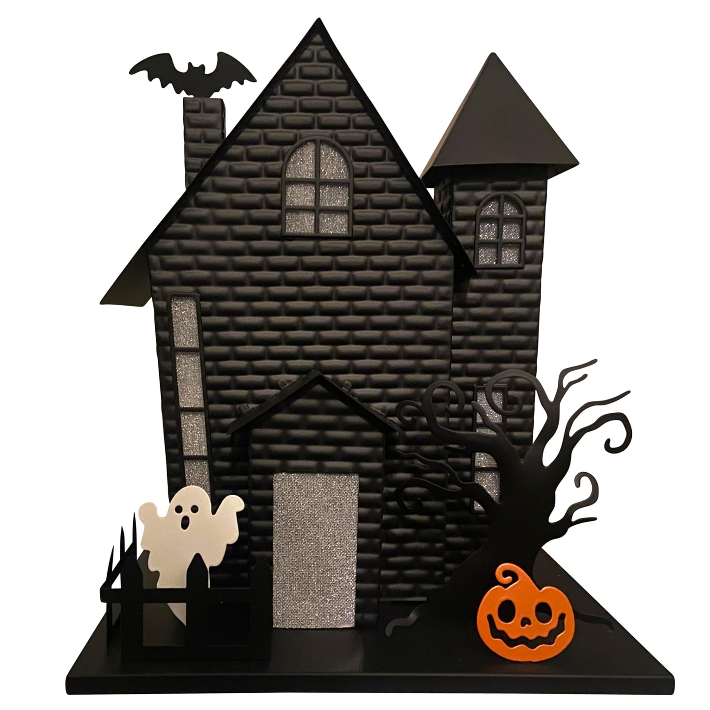 Haute Decor Halloween Haunted House with Bat Projection - Unique Lighted Black Metal Haunted House for Tabletop Halloween Decoration