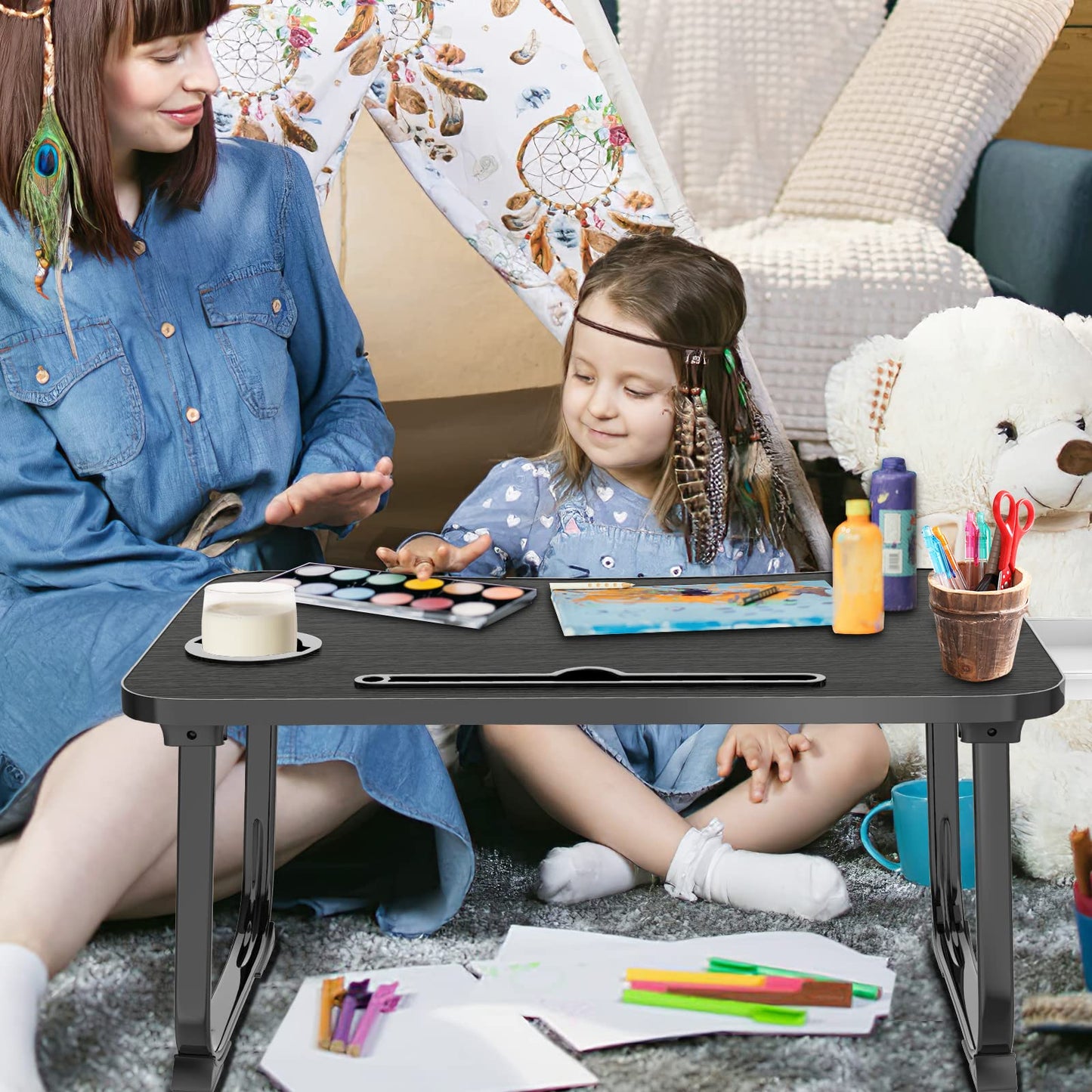 Fayquaze Portable Foldable Lap Desk with Storage Drawer and Cup Holder - Laptop Bed Stand Tray Table for Eating, Reading and Working