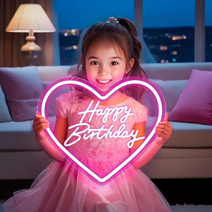 cxfyddp Happy Birthday Neon Sign, Pink, 13.7" x 12.5", LED, USB Powered, Dimmable Switch