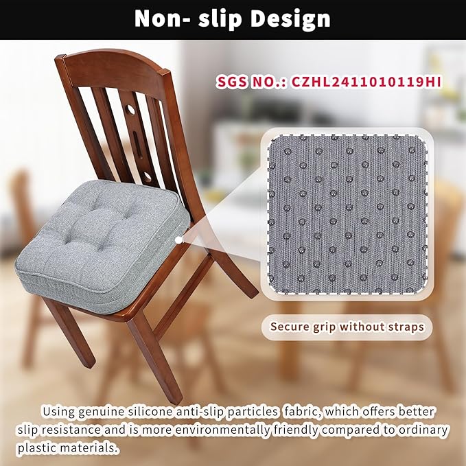 GOFORIT Chair Cushions Set of 4,Tufted Shredded Memory Foam Chair Pads, Non-Slip Seat Cushions with Removable Cover, 16'' x 16'', 4 Pack,Grey