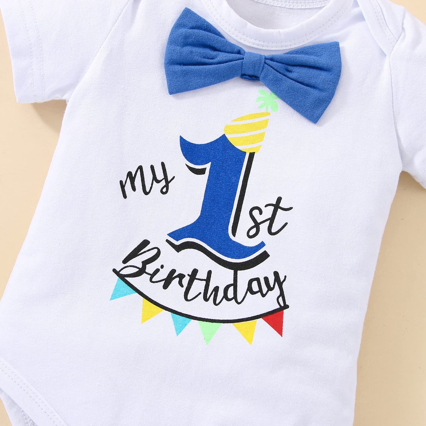 Highnesson-ww Baby Boy Funny First Birthday Clothes Infant Clothes Bow Tie Blue Romper Pants Set Suspenders Cake Smash Outfits