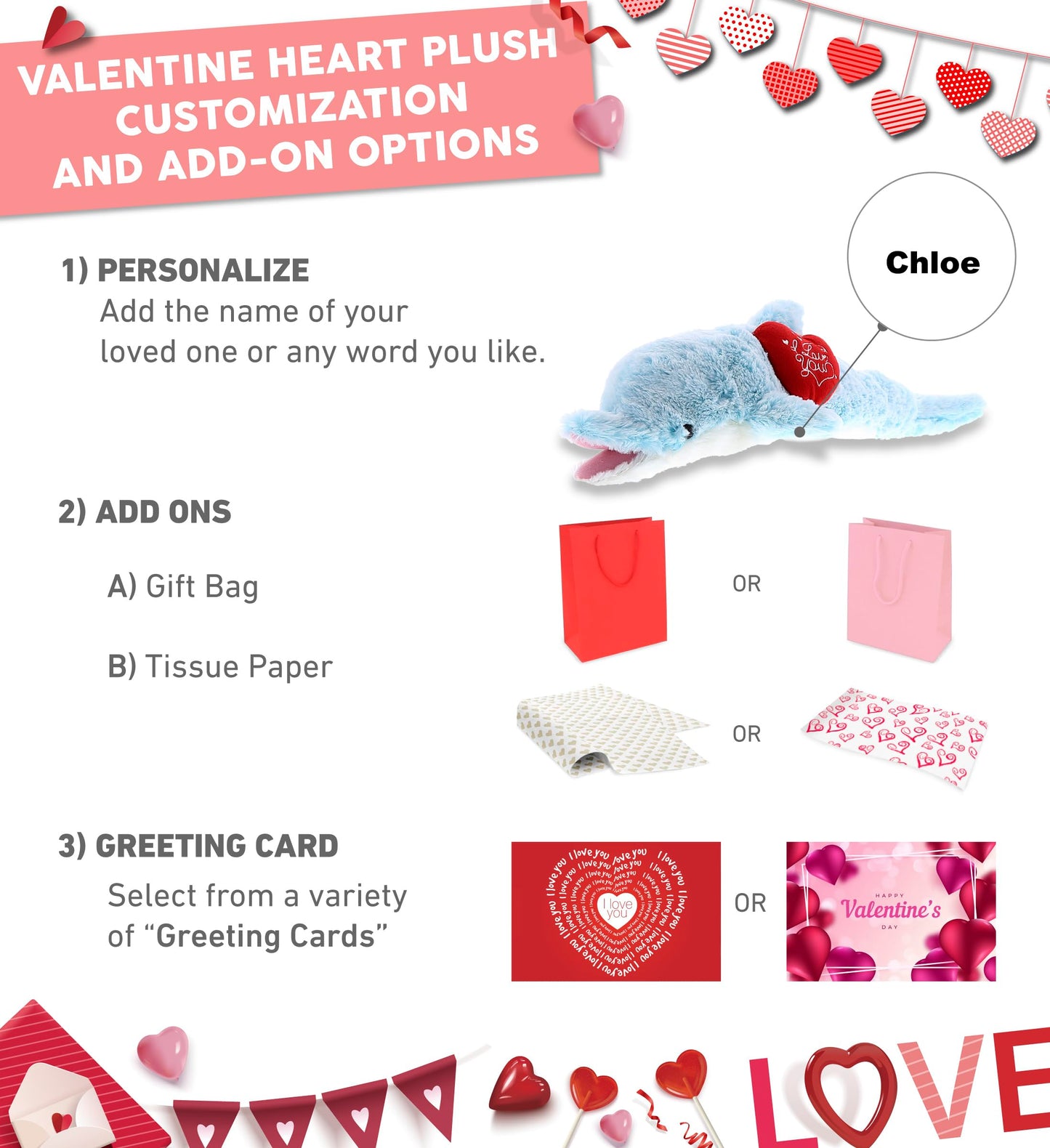 DolliBu I Love You Valentine Plush Blue Dolphin - Cute Stuffed Animal with Red Heart and Name Personalization Gift for Valentines Day, Birthday, Anniversary, Romantic Date - 18 Inches