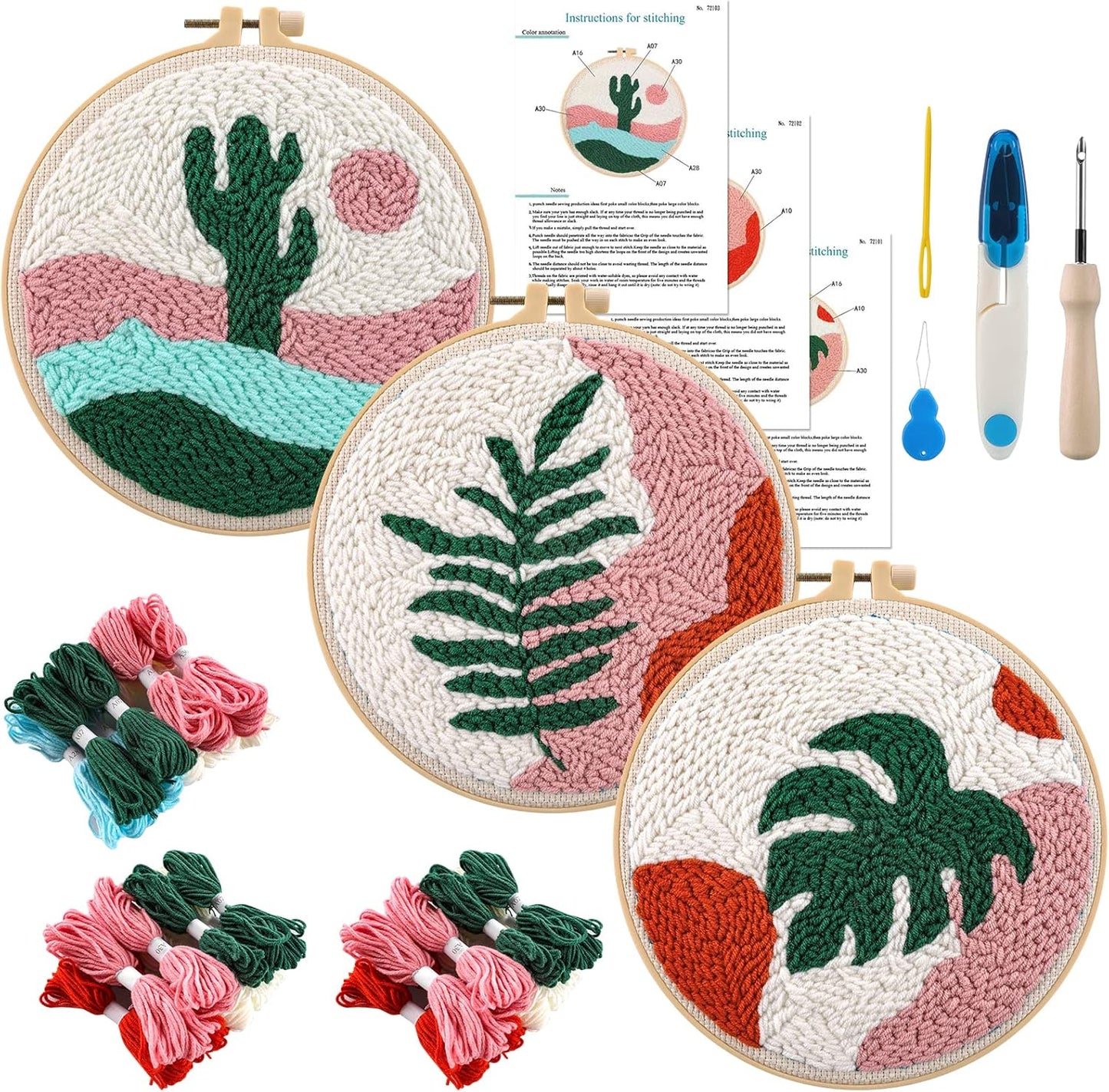 Anidaroel 3 Sets Punch Needle Kits - Beginner Adults Kit with Fabric, Hoops, Yarns and Sewing Needles