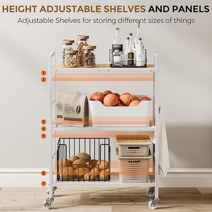 XIVIRACK 3-Tier Metal Storage Rack with Industrial Wheels,Mesh Shelving Unit with Wooden Table top,Adjustable Shelf,23.6-Inch Width,15.8-Inch Depth, for Kitchen, Laundry,Pantry,Plant,white