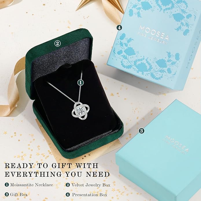 MOOSEA Love Knot Moissanite Necklace for Women, 1-3 ct D Color VVS1 Clarity Lab Created Moissanite 925 Sterling Silver Necklace, Anniversary Birthday Gifts for Women Wife Mom Girlfriend Jewelry Gifts