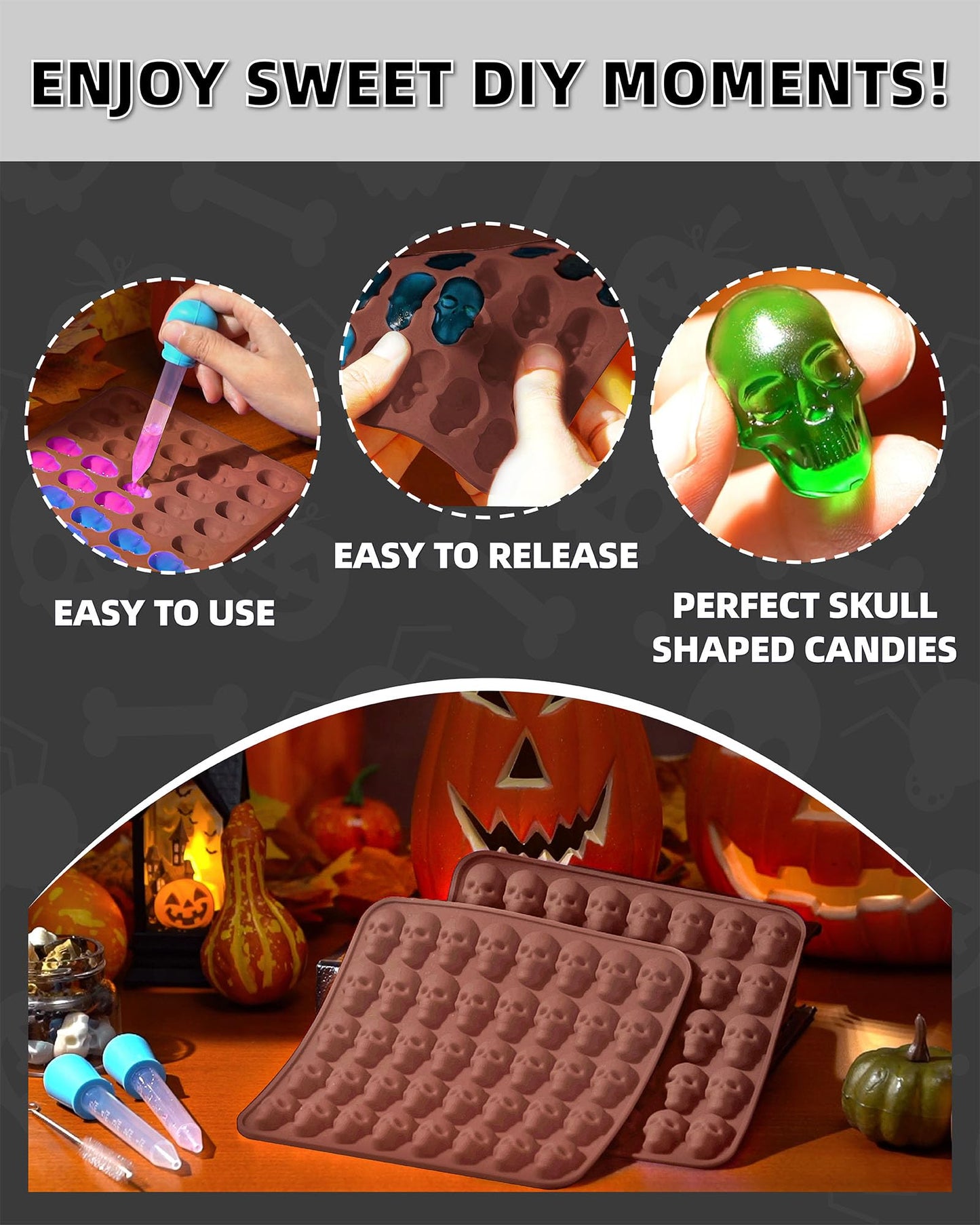 Gummy Skull Silicone Candy Molds, KKDINDAN 2 Pack Mini Skull Molds for Baking with 2 Droppers 1 Brush, 40 Cavity Non-Stick for Chocolate, Candy, Ice Cube, Jelly, Dog Treats, Resin Casting