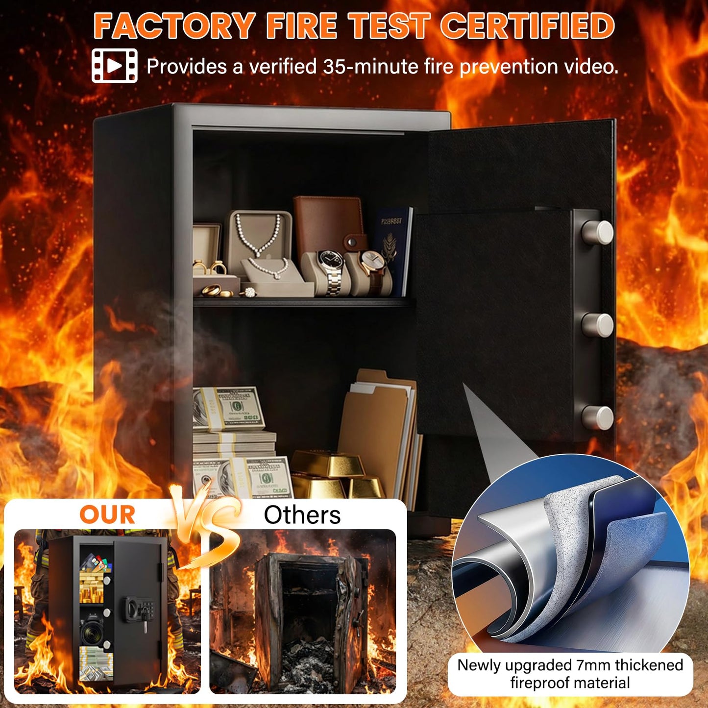 19.7"H Fireproof Safe for Home Ducument, 35Lbs Fire Home Safe Box with Fire Insulation & Backup Combination Lock, Heavy Duty Security Safe for Cash Passport Valuable Firearm, Anti-Theft Wall Mountable
