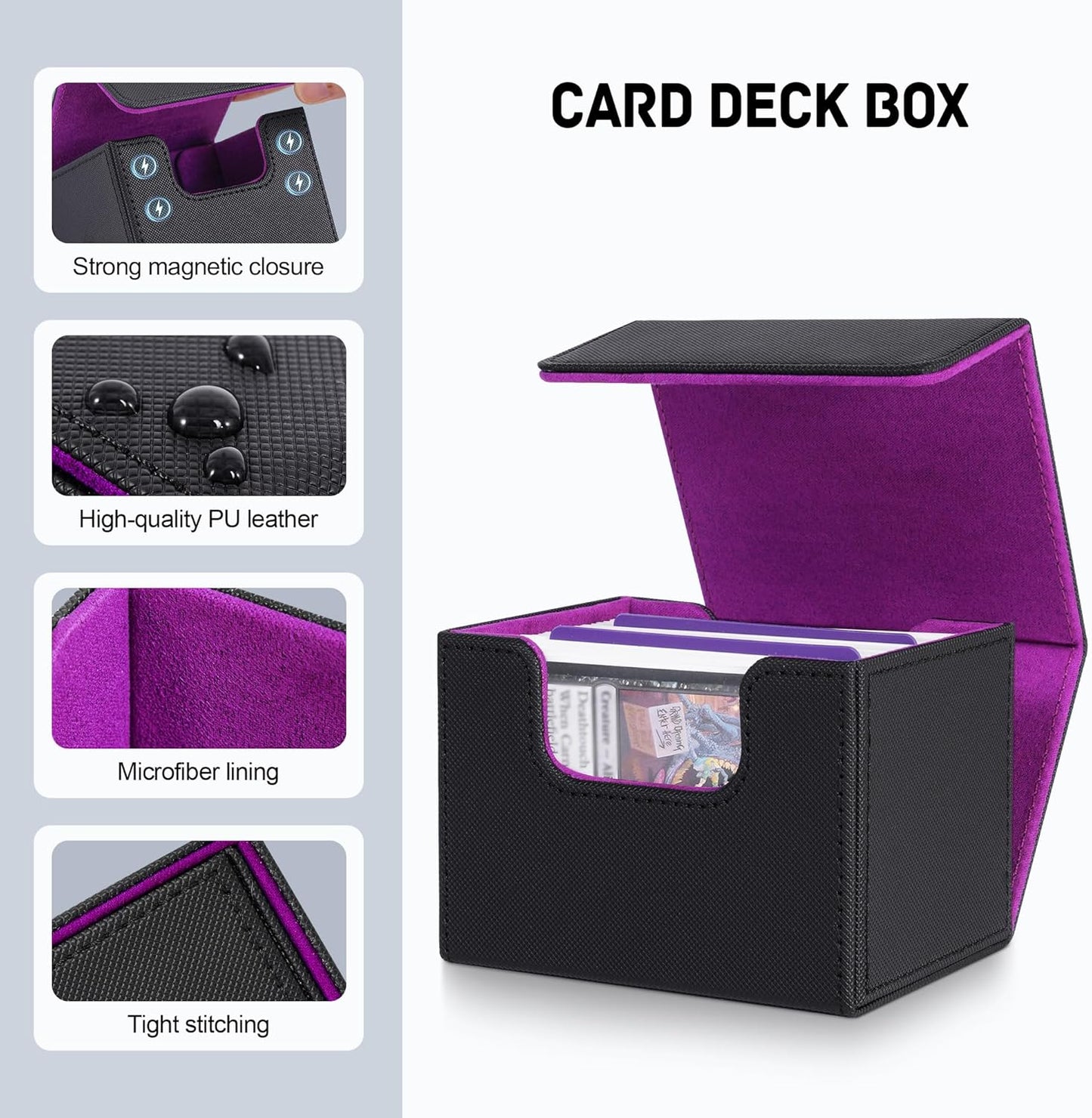 ZLCA Card Deck Box for Trading Cards, MTG Commander Deck Box Holds 120+ Single Sleeved, Leather Magnetic Card Storage Case Fits for TCG CCG Magic(Black Set)