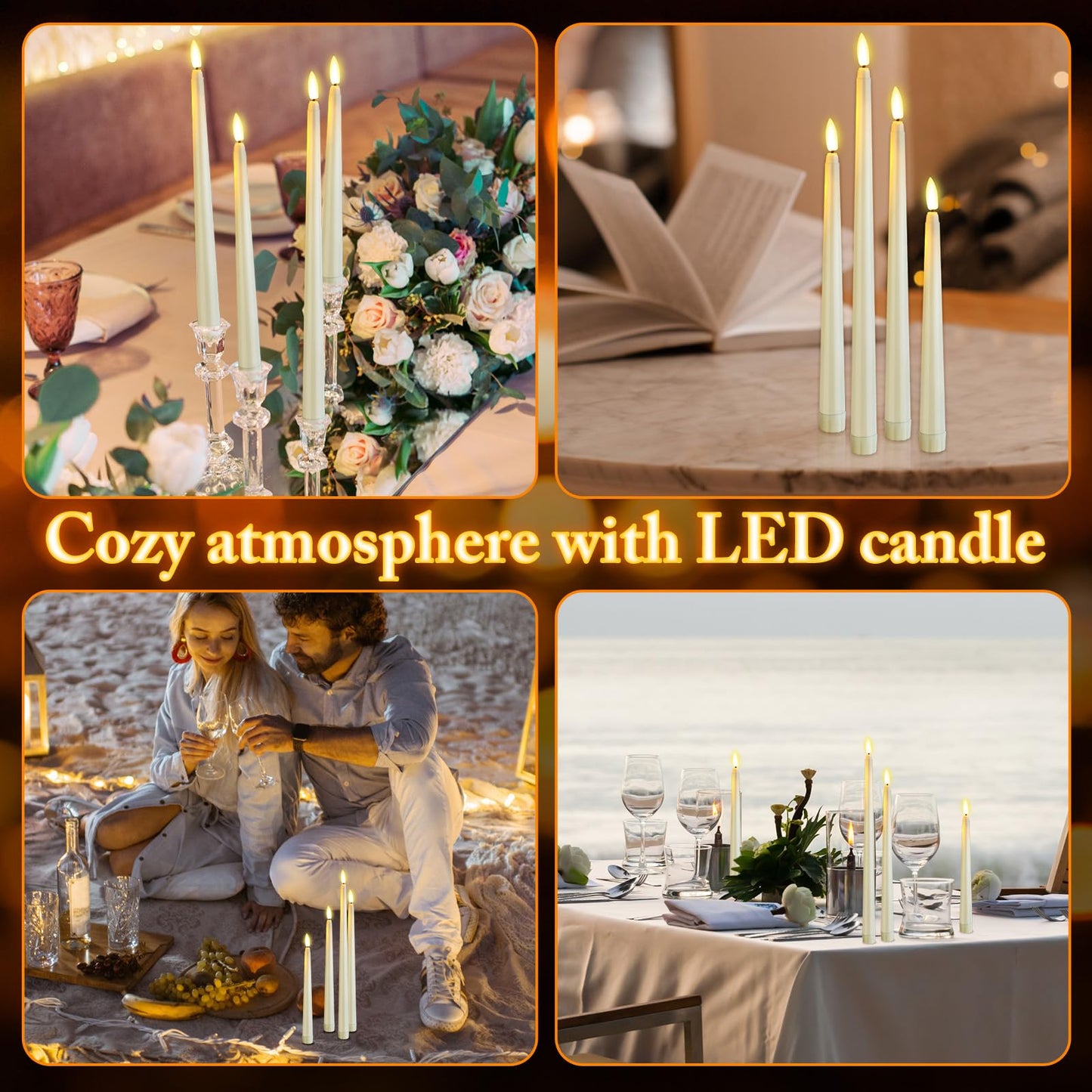 Rossesay 24 Pcs Flameless LED Taper Candles Battery Operated Candles 8.58'', 9.69'', 10.98'', 12.91'', 12.8'' Flameless Candlesticks Flickering for Halloween Christmas Church Wedding(Ivory)