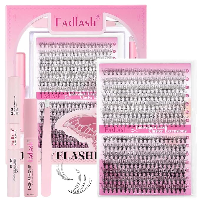 FADLASH Lash Clusters Kit 8-16mm Eyelash Cluster Lashes with Lash Bond and Seal Lash Remover Lash Tweezers DIY Lash Extension Kit (10D+20D-07C-8-16 Kit)