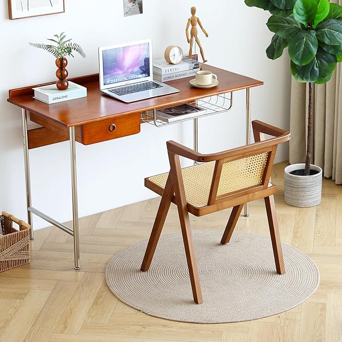 Furlide Rattan Dining Chair, Mid-Century Accent Armchair, Wicker Chair, Outdoor Bamboo Chair for Dining Room, Living Room, Bedroom, Kitchen, Walnut