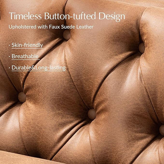 HULALA HOME 84" W Faux Leather Sofa Couch with Metal Legs, Button-Tufted 3-Seater Sofa, Mid Century Modern Upholstered Couch for Living Room, Entertainment Area, Apartment,Camel