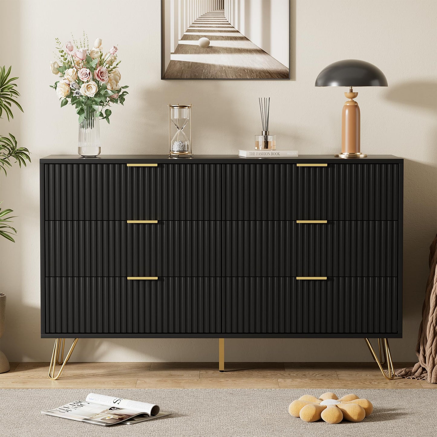 Furniway Black Dresser for Bedroom, Modern Dresser with Gold Metal Handles & Chests of Drawers for Bedroom, 15.7" D x 47.2" W x 29.5" H