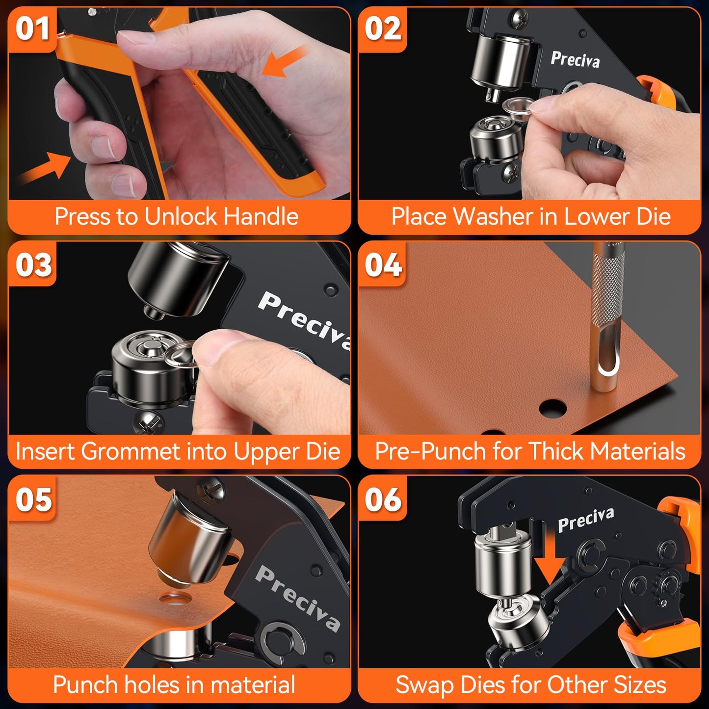 Preciva 3-Size Grommet Tool Kit - 1/2" 1/4" 3/8" Hole Punch & Eyelet Setting Tool with 300Pcs Grommets | Handheld Eyelet Plier for Tarps, Tents, Canvas, Vinyl & Leather Crafting