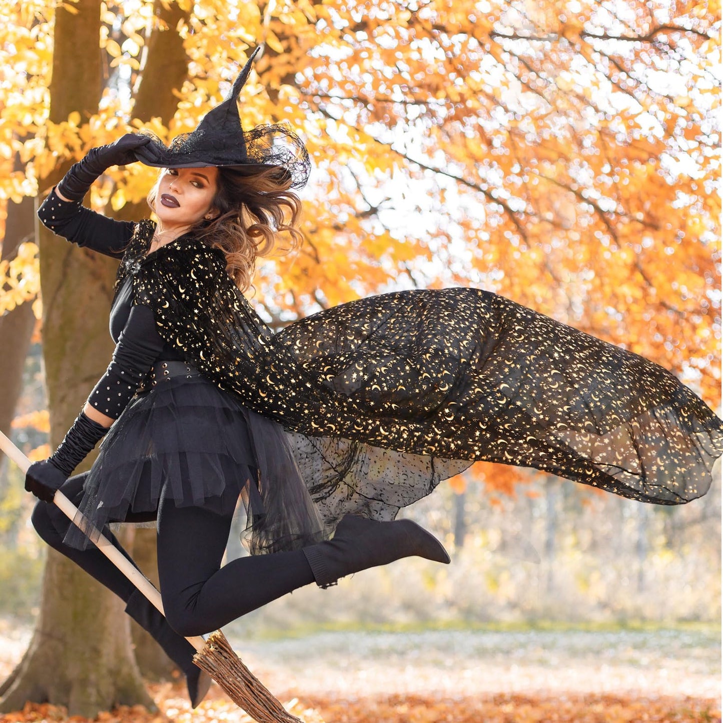 Geyoga Black Celestial Witch Cloak Halloween Stars Moon Witch Costume Tulle Cape Hooded Elf Cloak Gothic Costume for Cosplay