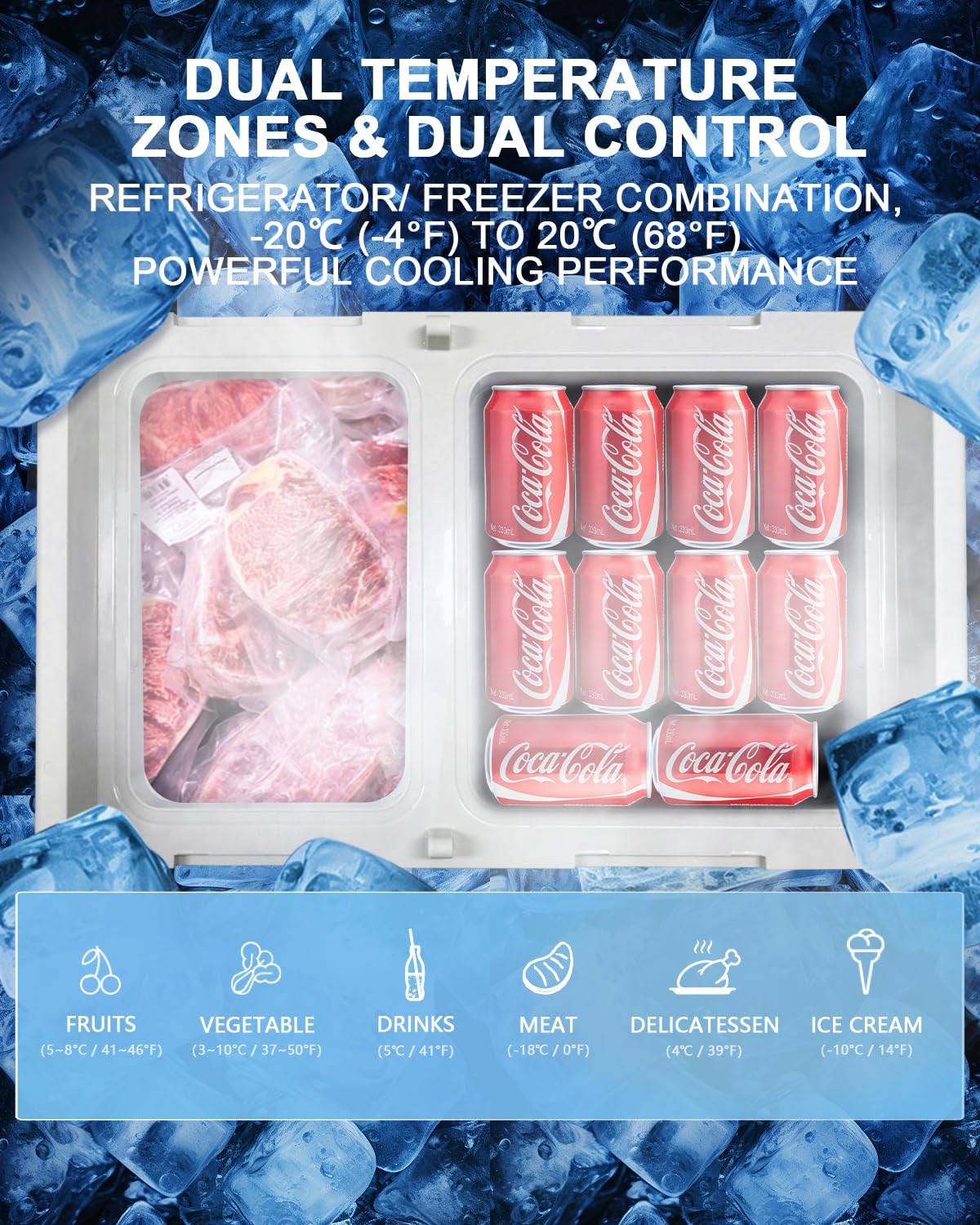 ELECAENTA 12V Refrigerator, 43qt Dual Zone, Support DC/AC/Solar/Battery Powered (Battery Optional), Portable Car Fridge Freezer -4℉~68℉, Electric Cooler for Vehicles Camping Travel Fishing Road Trips