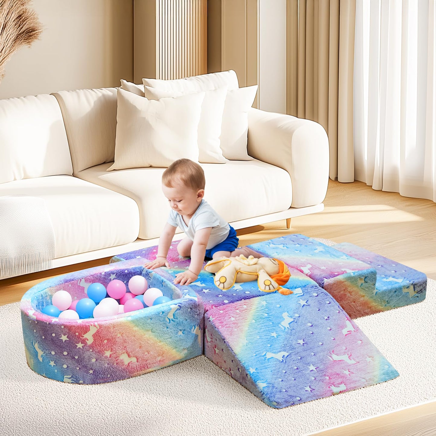 Lamerge Kids Couch, 5-in1 Modular Sectional Toddler Playing Sofa, Glow-in-The-Dark Convertible Foam Couch, Multi-Combination, Ages 1-6, Develop Hands-on Skills and Imagination (Color Unicorn, A)