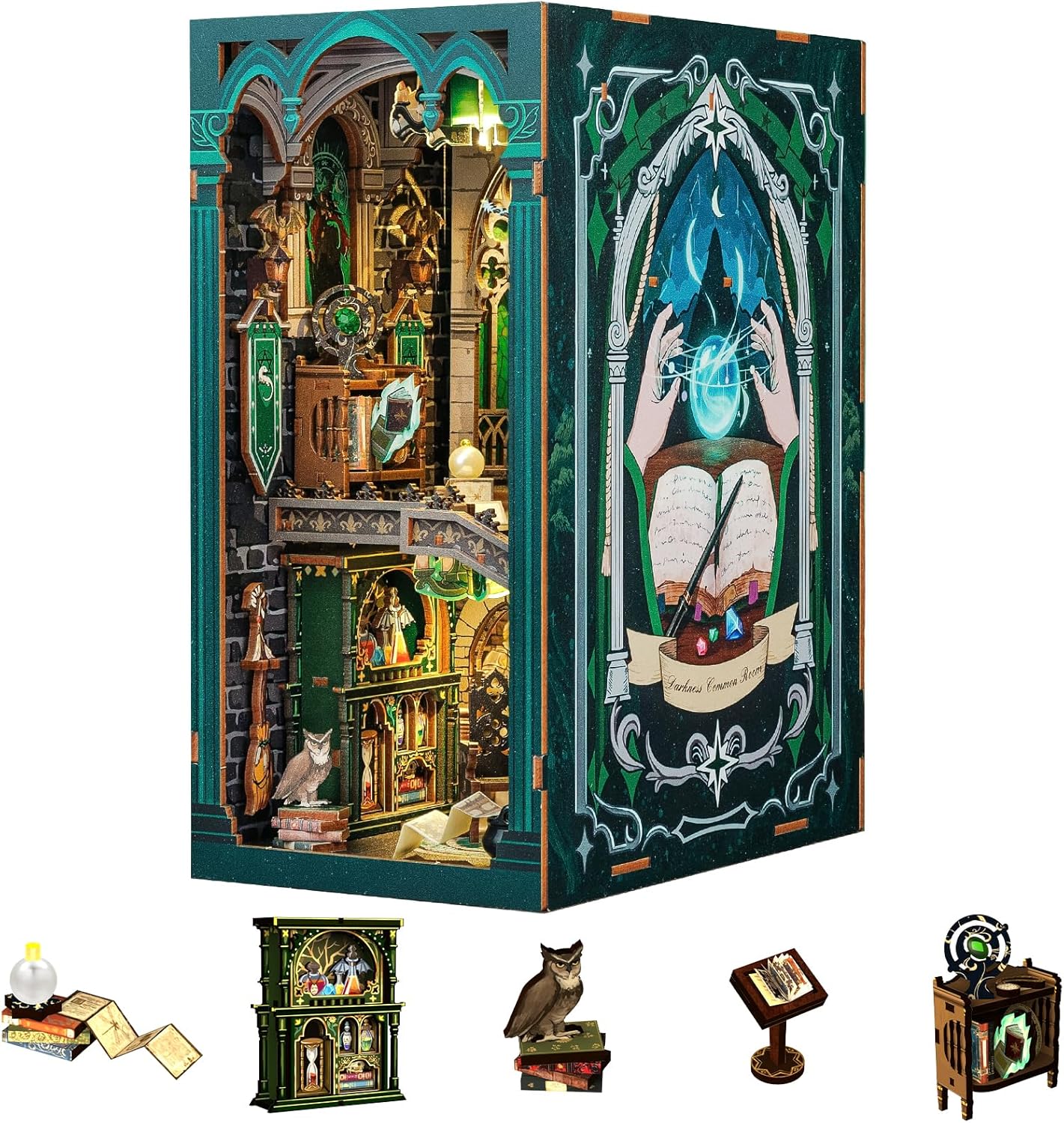 Fsolis Book Nook Kits for Adults, DIY Miniature House Kit 3D Wooden Puzzle Booknook Magic Halloween Bookshelf Nook Decorative Bookends for Women Teenagers and Book Lovers(Darkness Common Room)
