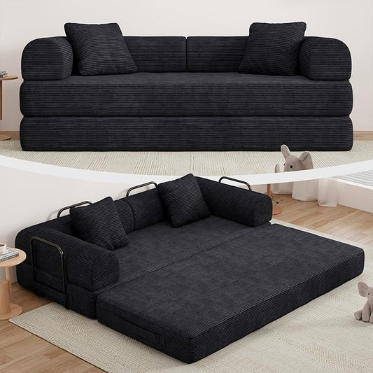 77" Convertible Sofa Bed, Modular Folding Futon Corduroy Floor Foam Compressed Loveseat Sleeper Sofa Couch, Pull Out Queen Size Couch Bed with 2 Pillows for Living Room Guest Room Studio, Black