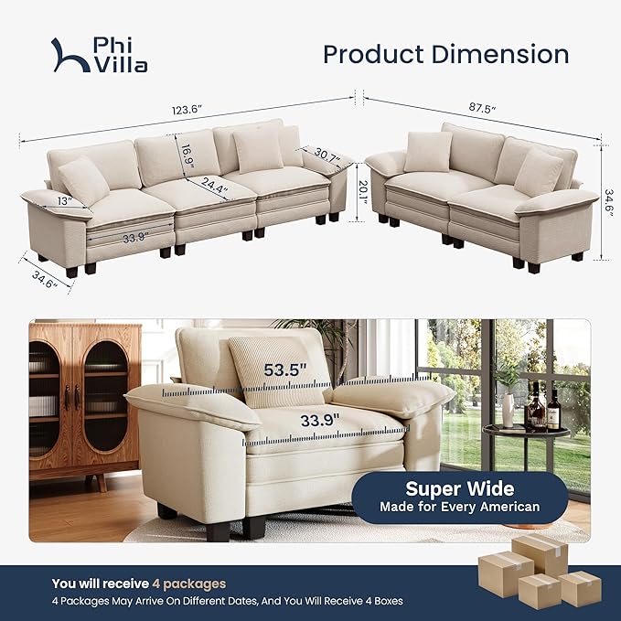 PHI VILLA Cloud Modular Couches Sets, 2 Pieces Comfy Sectional Sofa Set with Loveseat, 5-Seater Upholstered Couch for Living Room, Chenille Fabric, Beige