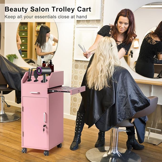 Winado Hair Salon Storage Cart with Wheels & 3 Hair Dryer Holders & 4 Drawers & Lock & 2 Keys, Hairdressing Tools Station Mobile Makeup Case, SPA Utility Trolley (Pink)