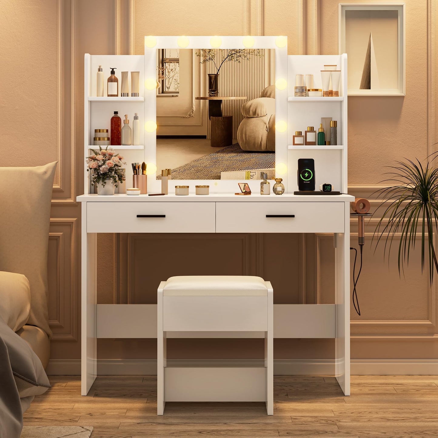 KAMABOKO Makeup Vanity with LED Lighted and Large Mirror, Vanity Desk with Drawers & Power Outlet, 3 Lighting Colors, Dressing Table with Cushioned Stool, White