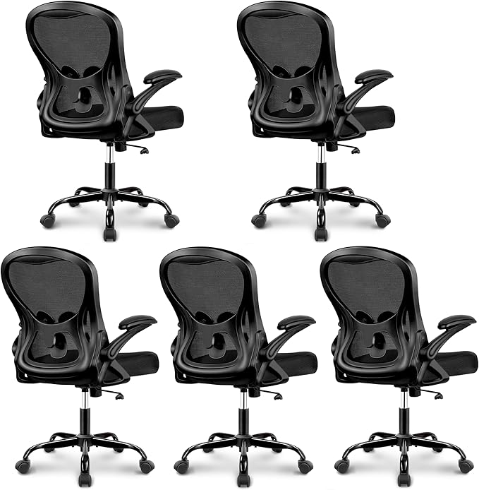 Winrise Office Desk Chair, Ergonomic Breathable Mesh Computer Chair Home Office Desk Chairs with Adjustable Lumbar Support & Flip-up Arms (Black, 5 Pack)