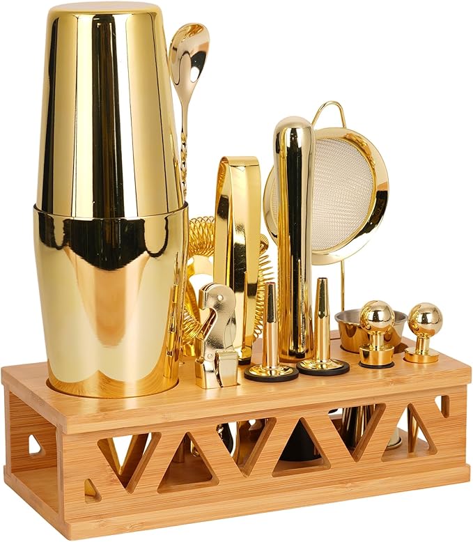 JWJIUEJIU Cocktail Shaker Set Bartender Kit with Bamboo Stand,13 Piece Bar Set Stainless Steel Bar Tools Set for Professio...