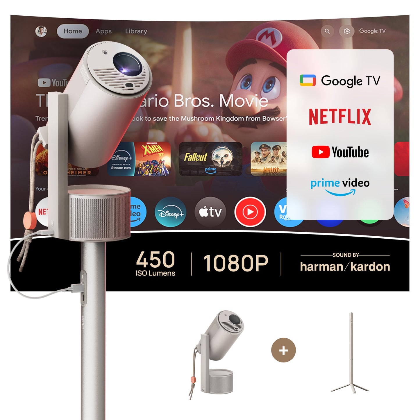 XGIMI MoGo 3 Pro NEW Outdoor Projector with PowerBase Stand, 2.5hrs Battery, Google TV with Licensed Netflix, Build-in Adjustable Stand, 450 ISO Lumens, ISA 2.0, 2 x 5W Harman Kardon