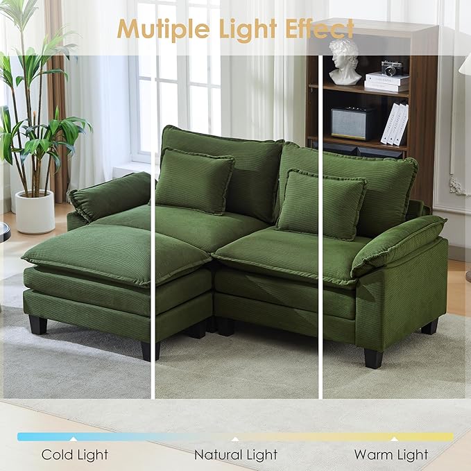 URRED Cloud Couch Modular Sectional Sofa, 87" Modern L Shaped Deep Seat Sofa with Ottoman & Pillows, Ultra Comfy Corduroy Couches for Living Room, Bedroom or Apartment, Green