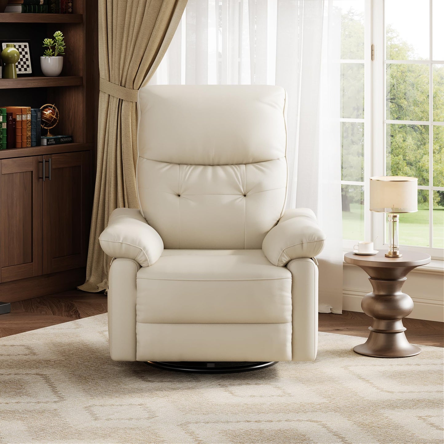GarveeHome Recliner Chair, 360° Swivel Rocker Glider Nursery Chair with Padded Armrest and Deep Seat, PU Leather Upholstered Reclining Sofa Chair for Living Room, Bedroom and Nursery (Cream)