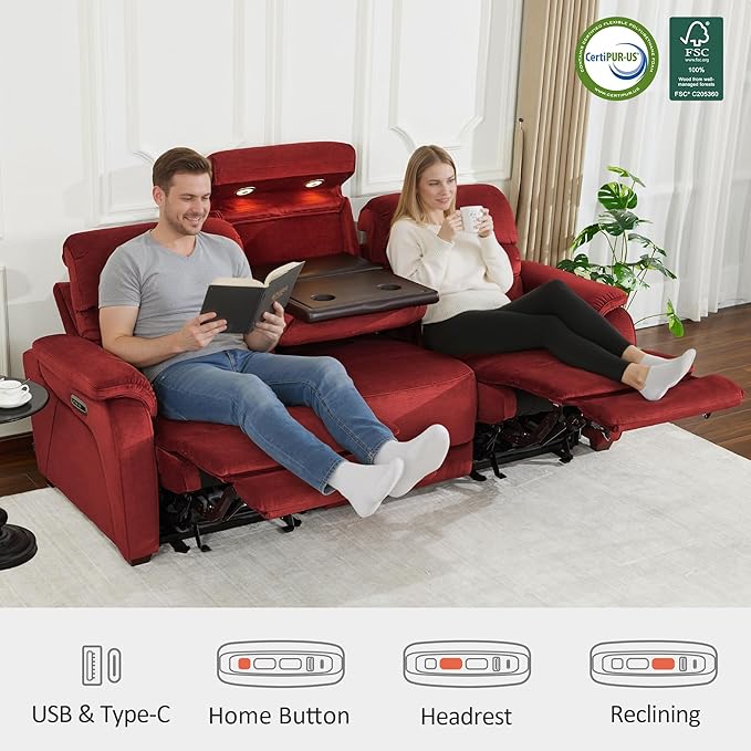 MCombo 87.2'' Wall Hugger Power Recliner Sofa with Drop Down Table, Reclining Sofa with Adjustable Headrest, USB Charge Ports, Reading Lamp, for Living Room, RVs, Fabric, ST258M3 (3-Seater, Burgundy)
