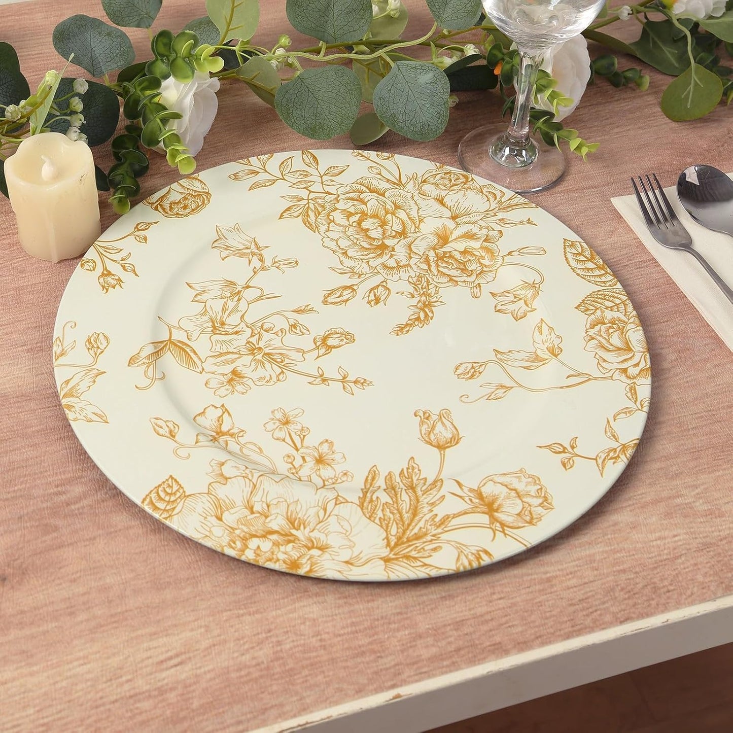 Efavormart 6 Pack White Gold Floral Acrylic Charger Plates in French Toile Pattern, Round Dinner Charger Event Tabletop Decor - 13"