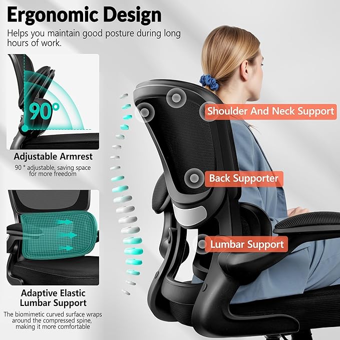 BESTFAIR Office Chair Ergonomic Desk Chair, Breathable Mesh Comfy Chair with Lumbar Support, Computer Chair, Home Desk Chair with Flip-up Armrests, Gaming Chair for Adults Home Office (Black,4Pack)