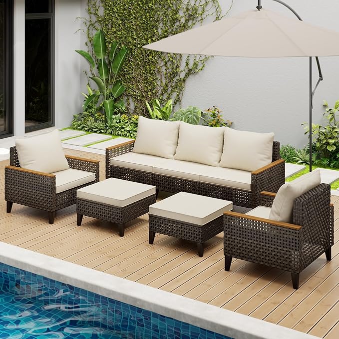 Xmkmvk 7 Piece Patio Sectional Sofa Furniture Set, All-Weather Wicker Rattan Outdoor Conversation Set with High Back and Thick Cushions, for Garden, Porch, Poolside, Beige