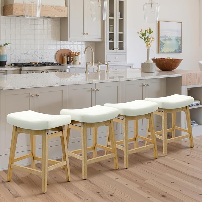 RNKSFX Counter Height Bar Stools Set of 4 for Kitchen Counter, Wooden Backless Island Barstools Farmhouse Modern Short Stools No Back with Faux Leather Saddle Seat 24 inch Counter Top Chairs, White