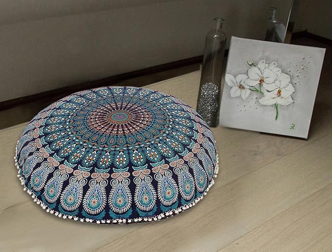 Shubhlaxmifashion 32" Blue Mandala Floor Pillow Cushion Seating Throw Cover Hippie Decorative Bohemian Ottoman Poufs, Pom Pom Pillow Cases,Boho Indian