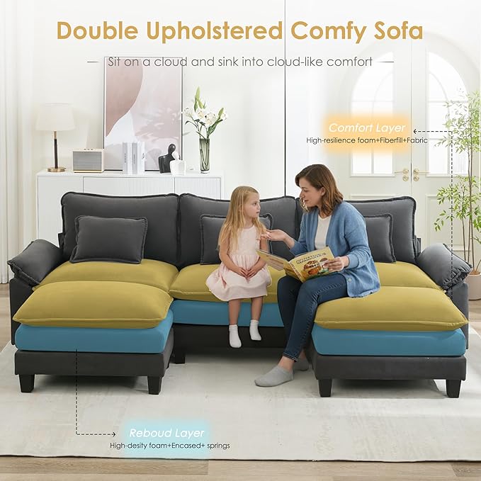 URRED Cloud Couch Modular Sectional Sofa, 122" Modern U Shaped Deep Seat Sofa with 2 Ottomans & Pillows, Ultra Comfy Velvet Couches for Living Room, Bedroom or Apartment, Dark Gray