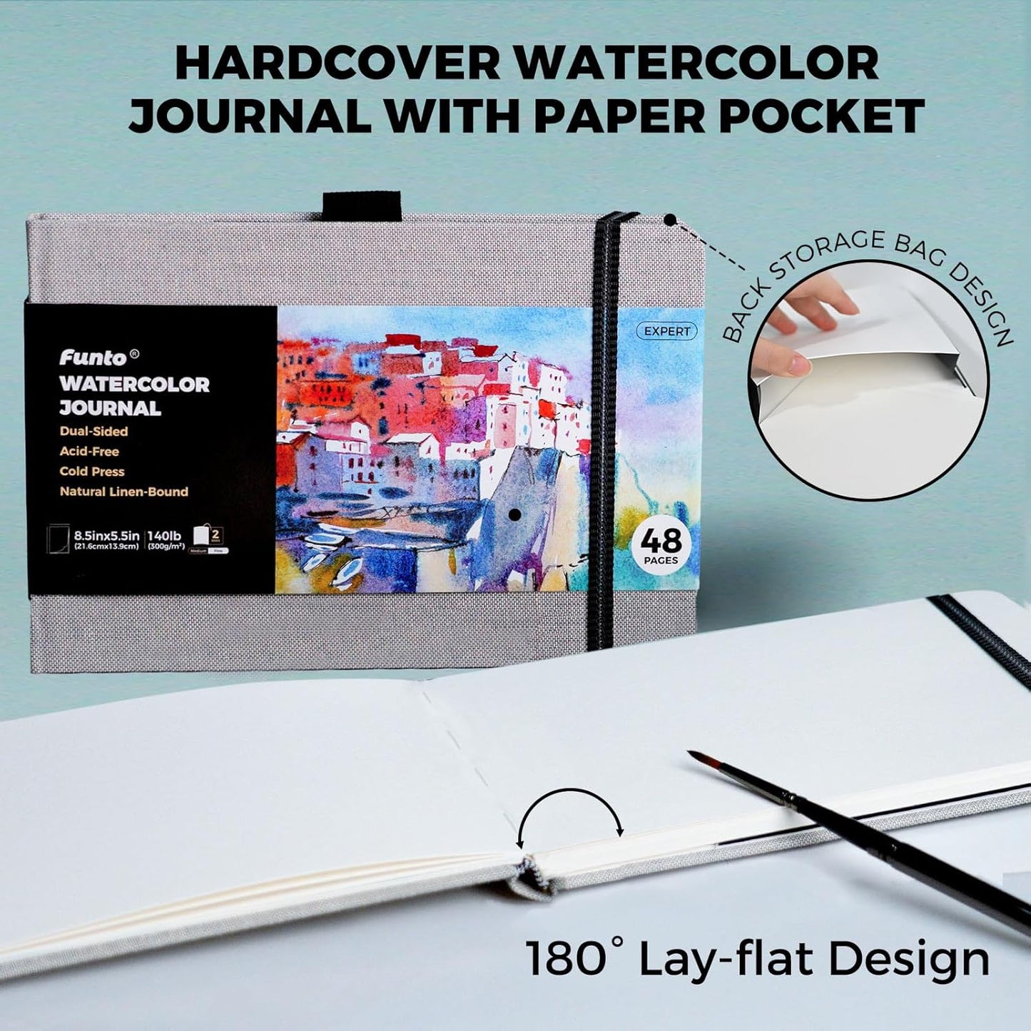 Funto Watercolor Journal, 8.5x5.5, 2 Pack, 48 Pages Each, Cold-Pressed, Inner Paper Pocket and Elastic Band, Art Supplies for Mixed Media