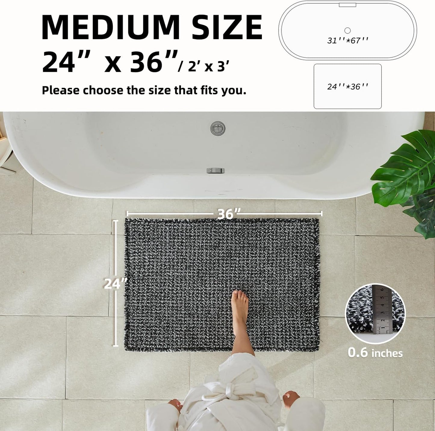 Black and White Bathroom Rugs, Waffle Bath Mat Non Slip Washable Super Absorbent Quick Dry Boho Farmhouse Bathroom Decor, 36"x24" Black and White