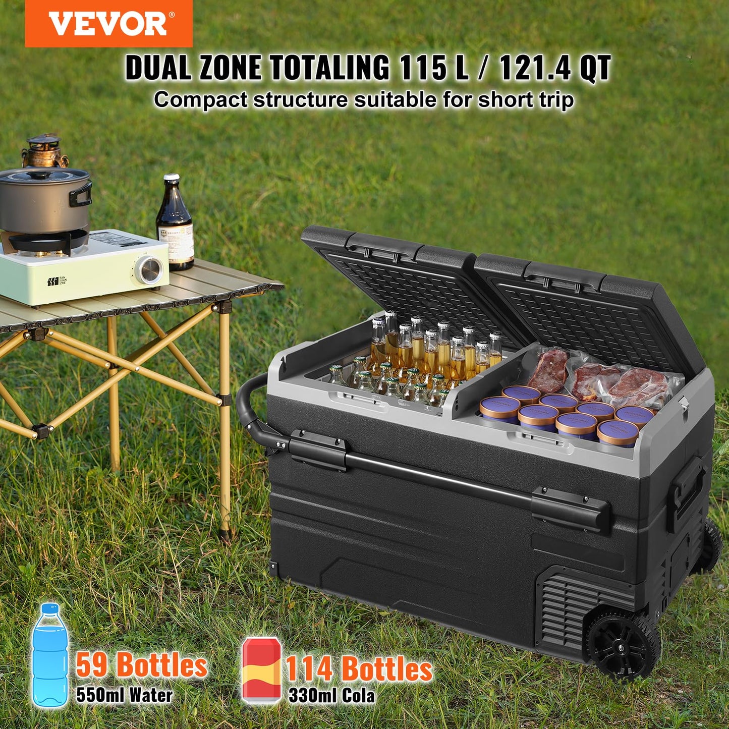 VEVOR Car Refrigerator 115L, Dual Zone Portable Freezer with Wheels & Handle, -4℉ to 68℉, 12/24V DC & 100-240V AC Compressor Cooler for Camping, Outdoor, RV