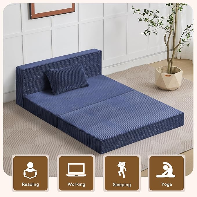 WUTUTUEE Folding Sofa Bed Convertible Floor Couch Foldable Chair Bed with Pillow，Linen Sleeper Chair Futon,Foldable Memory Foam Mattress for Bedroom/Living Room/Dorm/Office (Corduroy Navy, Standard)